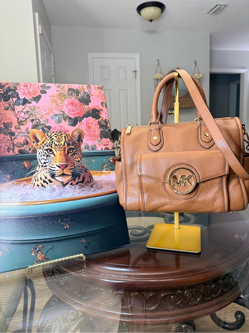 MICHAEL KORS Brown Pebbled Leather Satchel with Gold MK Emblem